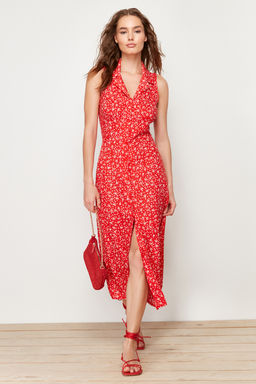 TRENDYOLMILLA K?rm?z? Cicekli Viskon Midi Dokuma Elbise TWOSS24EL00515  фото 12