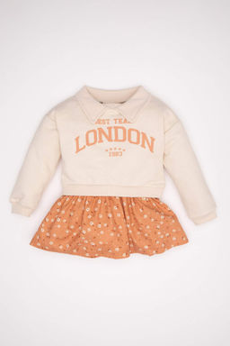 K?z Bebek Polo Yaka Bask?l? Etegi Cicek Desenli Uzun Kollu Sweatshirt Elbise - Defacto фото 2