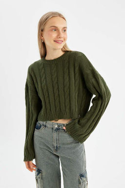 Женский плетеный трикотажный свитер обычного кроя с круглым вырезом и волосами