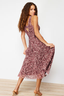 Kahverengi Animal/Leopar Bask?l? V Yaka Tul A-Line Midi Esnek Orme Elbise TWOSS24EL00384