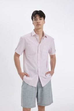 Slim Fit Dar Kesim Polo Yaka Keten Gorunumlu K?sa Kollu Gomlek