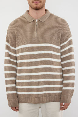 TRENDYOL MAN Vizon Casual Oversize Polo Yaka Cizgili Triko Kazak TMNAW24KZ00018 - Trendyolmilla фото 20