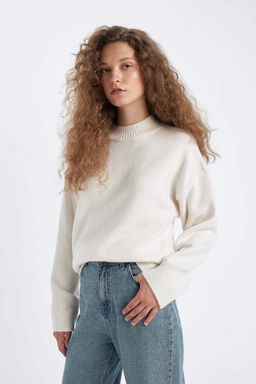 Женский длинный вязаный свитер оверсайз, широкий крой, полуводолазка - Defacto фото 3