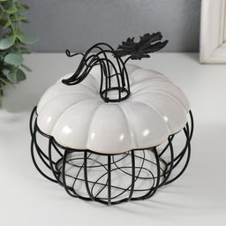 Шкатулка для украшений «Тыква с листочком», металл, керамика, белая с чёрным, 14×14×13 см