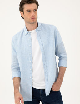 Синяя льняная рубашка классического кроя - Cacharel фото 3