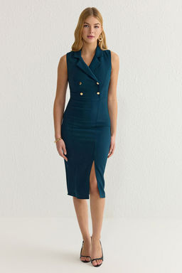 TRENDYOLMILLA Siyah Vucuda Oturan Dugme Detayl? Y?rtmacl? Midi Kalem Etek Dokuma Elbise TWOSS23EL02256 фото 2