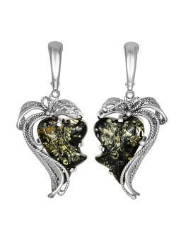 Крупные нарядные серьги с натуральным зелёным искрящимся янтарем Филигрань