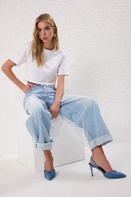 Trendyolmilla Shoes Mavi Denim Kontrast Dikisli Sivri Burun Kad?n Ince Topuklu Ayakkab? TAKSS25TO00105  фото 2