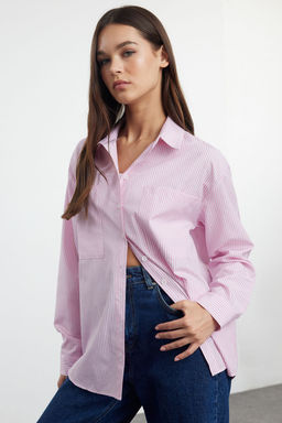 Pembe Cizgili Oversize Dokuma Gomlek TWOAW23GO00359