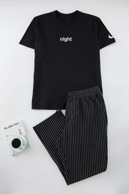 Erkek Siyah Regular Fit Bask?l? Orme Buyuk Beden Pijama Tak?m? TMNAW25AI00001 - Trendyolmilla фото 2