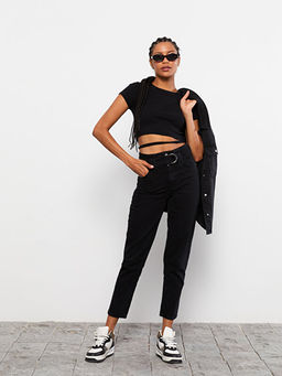 Y?ksek Bel Mom Fit D?z Cep Detayl? Kad?n Rodeo Jean Pantolon