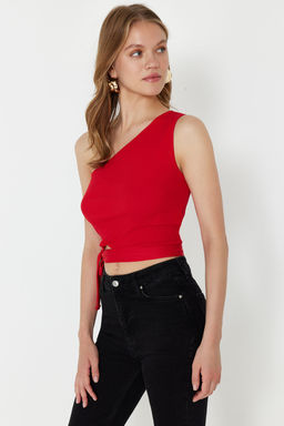 K?rm?z? Tek Omuz Fitted/Vucuda Oturan Baglama Detayl? Fitili Orme Bluz TWOSS22BZ1558