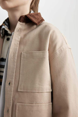 Рубашка оверсайз для мальчика из габардина с воротником-поло и длинными рукавами - Defacto фото 4