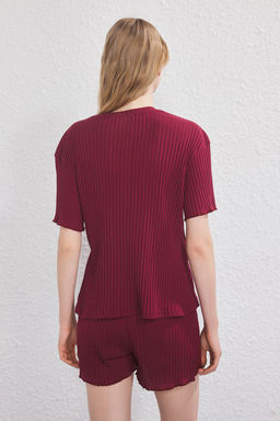 Trendyolmilla Bordo Slogan ve Kalp Nak?sl? Fitilli Sortlu Orme Pijama Tak?m? THMSS25PT00402 фото 11