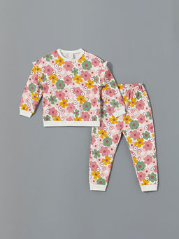 Bisiklet Yaka ?i?ekli K?z Bebek Sweatshirt ve E?ofman Alt 2li