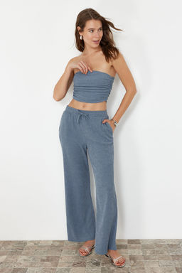 Premium Indigo Straplez Buzgulu Esnek Orme Bluz TWOSS24BZ00216