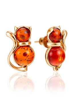 Позолоченные серьги Кошечка с янтарём коньячного цвета