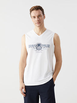 V Yaka Bask?l? Erkek Kolsuz Ti??rt