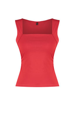 K?rm?z? Duz Kare Yaka Ask?l? Buzgulu Fitted/Vucuda Oturan Esnek Orme Bluz TWOSS24BZ00400
