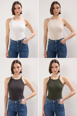 Antrasit-Ekru-Bej-Haki 4lu Paket Vucuda Oturan Crop Esnek Orme Atlet TWOSS25AL00056