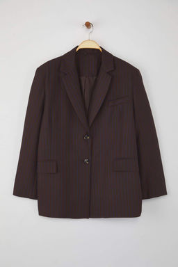 Kahverengi Koyu Mavi Cizgili Oversize Blazer Ceket TWOAW26BC00025 - Trendyolmilla фото 5