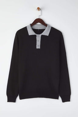Siyah Regular Polo Yaka Renk Bloklu Kazak TMNAW26KZ00008