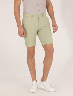 A__k Ye_il Slim Fit Keten Kar___ml_ Beli Lastikli Bermuda _ort