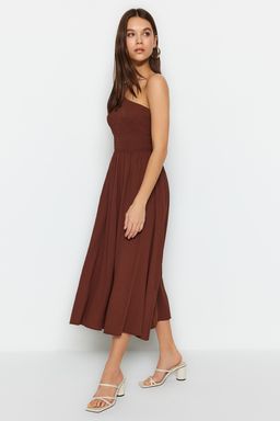 TRENDYOLMILLA Kahverengi Belden Ac?lan Ust Bedeni Gipeli Tek Omuz Midi Dokuma Elbise TWOSS23EL01830  фото 10
