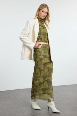 TRENDYOLMILLA Yesil Drapeli Maxi Tul Esnek Orme Etek TWOSS24ET00023