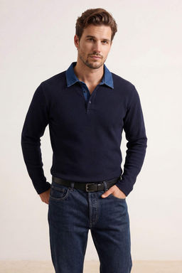 Lacivert Regular/Normal Kesim Dokulu Denim Yaka Detayl? Polo Yaka T-shirt TMNSS26PO00001