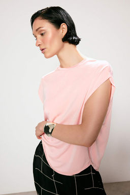 Trendyol Studio Pembe Duz Regular Bisiklet Yaka Dusuk Kol Kolsuz Esnek Orme Bluz TWOSS26BZ00580