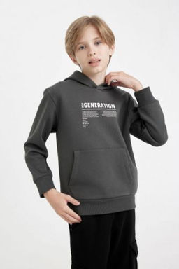 Erkek Cocuk Cepli Yaz? Bask?l? Kapusonlu Kal?n Okul Sweatshirt