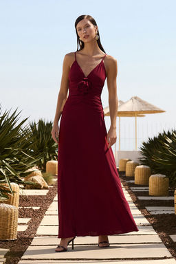 Bordo Gul Detayl? Orme Maxi S?k Abiye Gece Mezuniyet Elbisesi TPRSS25AE00180