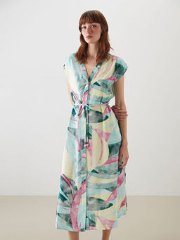 V Yaka ?i?ekli Ku?akl? G?mlek Elbise