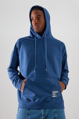 Indigo Kapusonlu Oversize/Genis Kesim Uzun Kol Etiket Aplikeli Sweatshirt TMNSS21SW0221