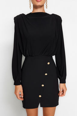 Siyah Vucuda Oturan Vatkal? Dugme Detayl? Mini Dokuma Elbise TWOAW24EL00483