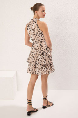 Vizon Cicekli Etegi Belden Ac?lan Kusakl? K?sa / Mini Dokuma Elbise TWOSS23EL02056