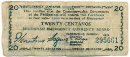 Банкнота 20 сентаво 1943 года Филиппины (Минданао, Администрация США)