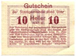 Банкнота 10 геллеров 1920 года Австрия  Рид (нотгельд)
