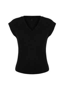 Siyah Viskoz/Yumusak Kumas Fitted/Vucuda Oturan Ay Kol V Yaka Esnek Orme Bluz TWOSS24BZ00433