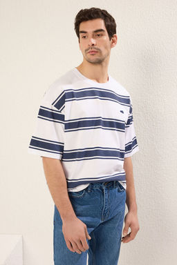 TRENDYOL MAN Beyaz Oversize/Genis Kesim Cizgili Kal?n %100 Pamuk Tok Kumas T-shirt TMNSS25TS00020 - Trendyolmilla фото 3
