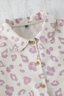 Ekru K?z Cocuk Pamuklu Leopar Desenli Gomlek Yaka Orme Pijama Tak?m? TKDSS25PT00000