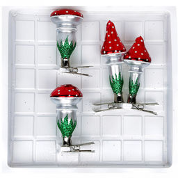 Елочная игрушка фигурка стеклянная Мухоморы, на прищепке, ручная художественная роспись, подарочная упаковка, набор 4шт (Россия)