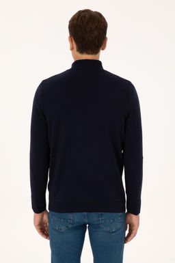Erkek Slim Fit Yar_m Fermuarl_ Lacivert Kazak
