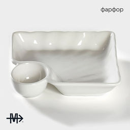 Блюдо фарфоровое с соусником Magistro «Бланш», соусник 60 мл, 18.5×17.5×4 см, белое