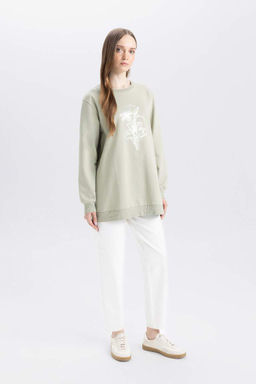 Женская толстовка с круглым вырезом обычного кроя и цветочным принтом, тканевая толстовка, туника - Defacto фото 2