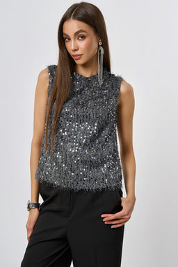 Блузка из мягкого трикотажа с пайеткой серая новый год