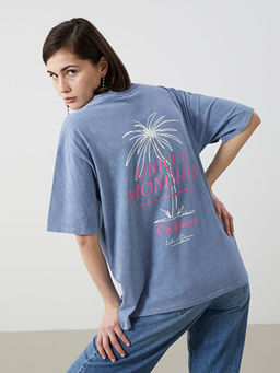 Bisiklet Yaka Bask?l? Oversize Kad?n Ti??rt