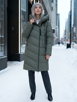 Пальто зимнее утепленное с капюшоном женское цвета хаки 1318Kh