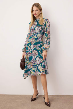 Yesil-Cok Renkli Midi Sifon Astarl? Dokuma Elbise TWOAW26EL00284